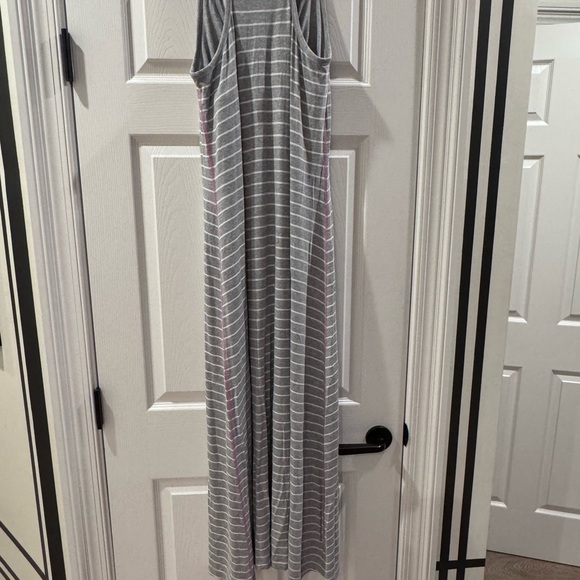 Gray and White Striped Maxi Dress with Pink Stitching - Picture 2 of 5